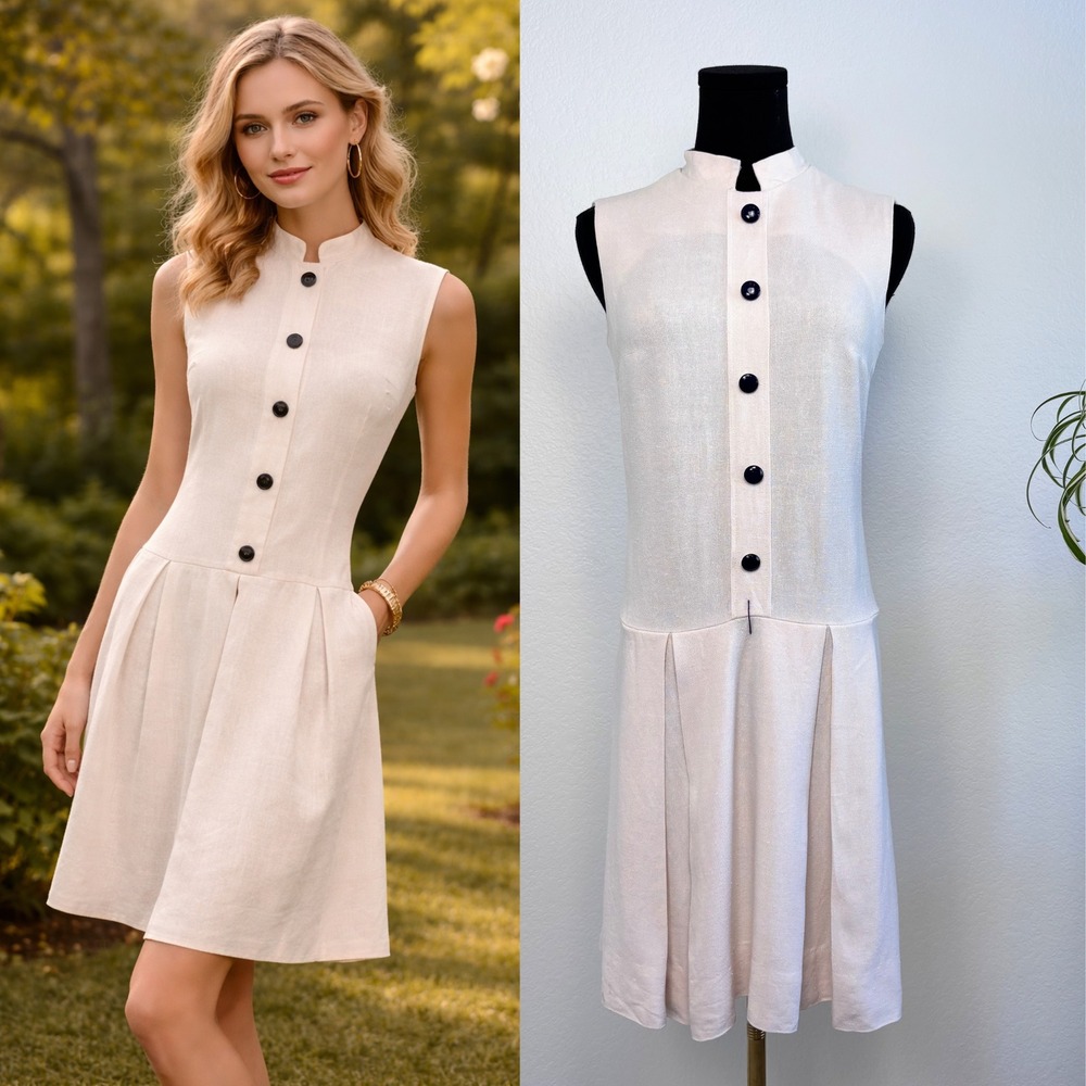 Vintage 1960s Tudor Square Cream Mod Shift Dress, Size XS Navy Button Sleeveless